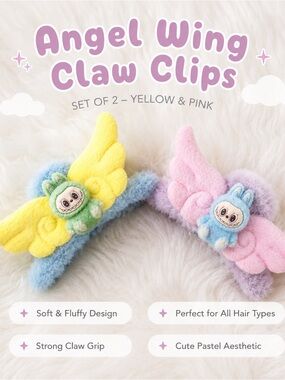 Angel Wing Claw Clips - Yellow & Pink Plush Set of 2